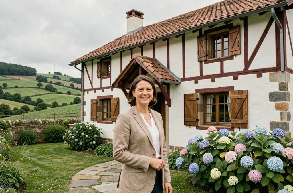Agente de La Maison Basque présentant une fermette traditionnelle basque aux murs blancs et boiseries rouges dans les Pyrénées-Atlantiques