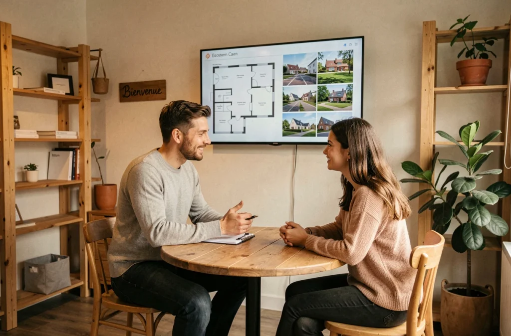 Agent indépendant Le Strat Caen Immo en discussion avec un jeune couple autour d'un plan d'appartement dans une agence chaleureuse à Caen