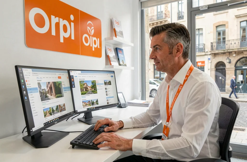 Agent Orpi dans une agence immobilière aux couleurs orange et blanc, consultant des annonces immobilières dans les Pyrénées-Atlantiques