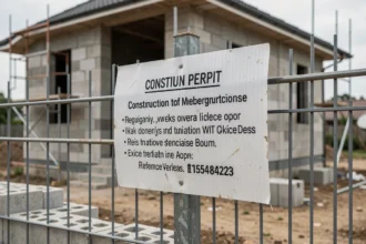 Panneau de permis de construire en plastique blanc installé sur un chantier résidentiel avec maison en construction en arrière-plan