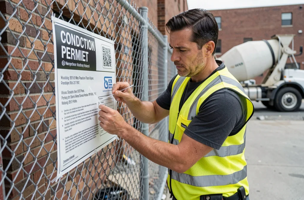 Ouvrier en gilet de sécurité fixant un panneau de permis de construire économique sur un grillage de chantier urbain