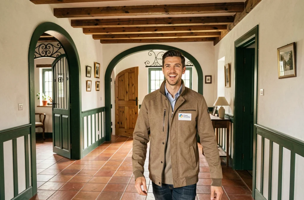 Agent Power Immobilier faisant visiter une maison de style basque traditionnel dans les Pyrénées-Atlantiques