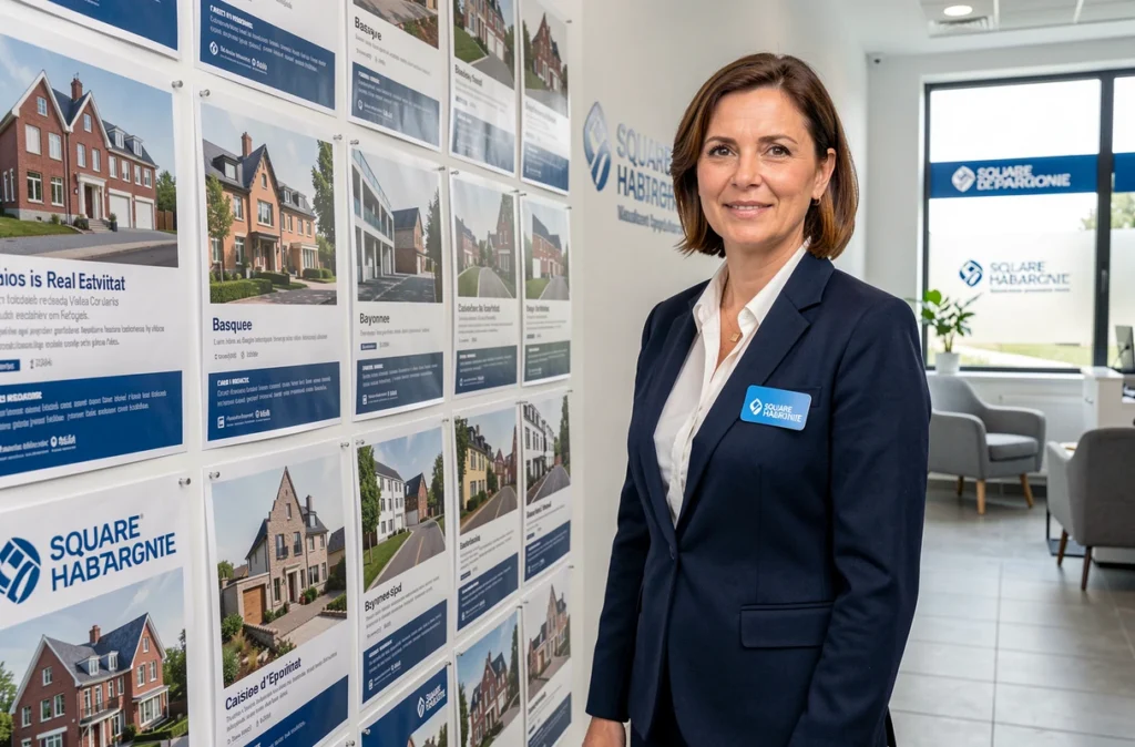 Conseillère Square Habitat présentant des biens immobiliers dans une agence des Pyrénées-Atlantiques aux couleurs bleues et blanches
