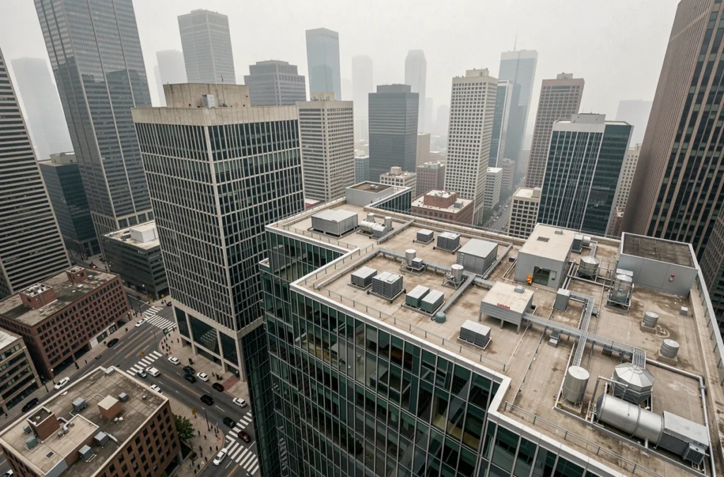 Vue aérienne plongeante sur le toit du Citadel Center à Chicago révélant l'échelle monumentale du gratte-ciel par rapport à la grille urbaine environnante