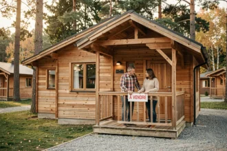 Couple devant un chalet à vendre dans un parc résidentiel de loisirs entouré d'arbres en automne