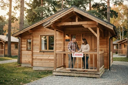 Couple devant un chalet à vendre dans un parc résidentiel de loisirs entouré d'arbres en automne