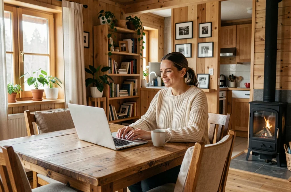 Intérieur aménagé d'un chalet de PRL avec une femme travaillant à l'année dans un espace de vie confortable